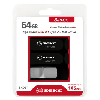 【SEKC】64GB USB 3.1 SKD67 滑蓋伸縮式隨身碟-三入裝(SKD673P64G)