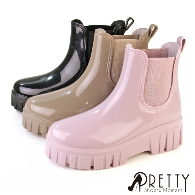 Pretty 女鞋 雨靴 雨鞋 防水靴 防水鞋 卻爾西 短筒 厚底(粉紅、杏色、黑色)