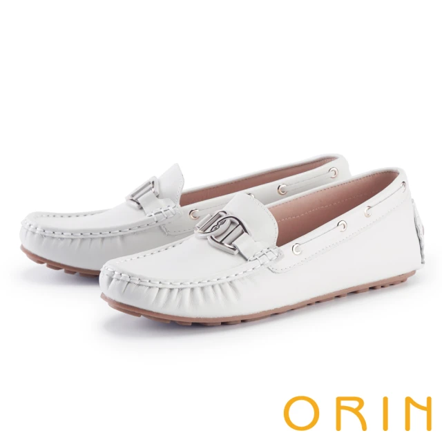 ORINORIN 造型飾釦牛皮平底休閒鞋(白色)