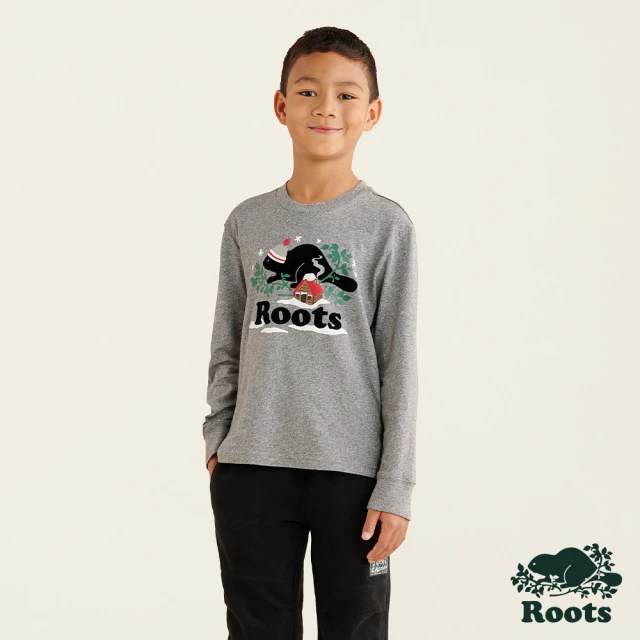 RootsRoots Roots 大童-冬日海狸系列 佳節海狸長袖T恤(灰色)