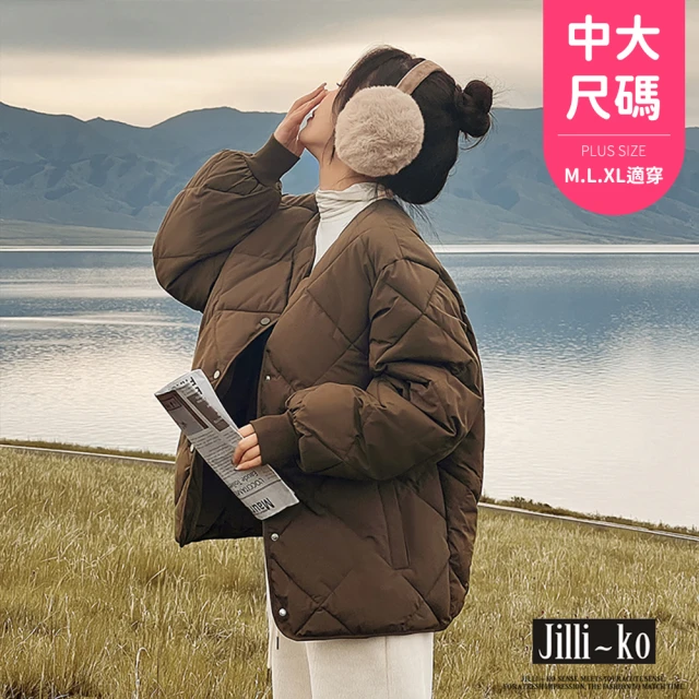 JILLI-KO 羽絨棉服女短款輕薄無領菱格外套中大尺碼-F(卡/白)