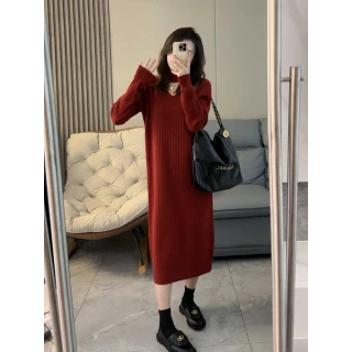 【JILLI-KO】高級感頸帶V領連衣裙氣質百搭針織毛衣裙子-F(黑/紅)