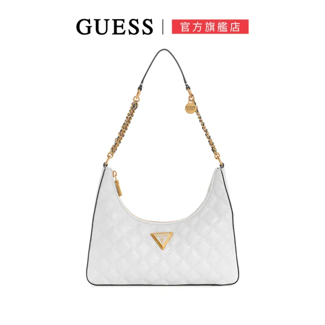 【GUESS】女包-GIULLY 時髦上身 衍縫 菱格紋 金鏈 三角 流浪 肩背包(白)