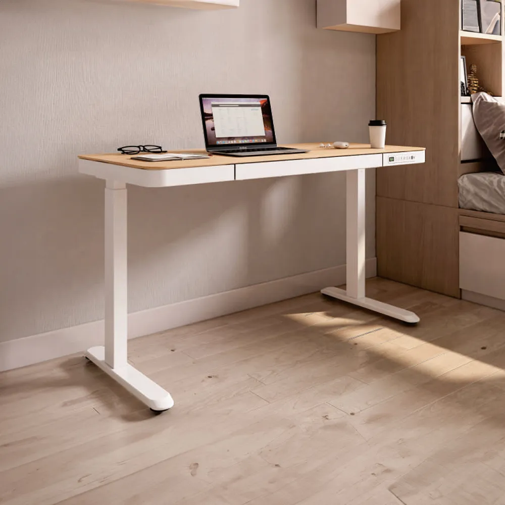 【Flexispot】E9W-C居家美型楓木白色電動升降桌(兩節單馬達快裝版 120×60附抽屜)