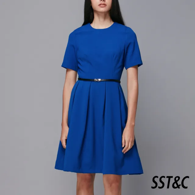 【SST&C 出清２折】寶藍色短袖打褶裙洋裝8561810005