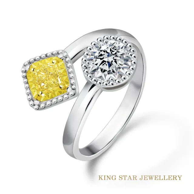 【King Star】60分18K鑽石戒指 滾珠邊 白鑽x黃鑽 雙主石設計(3 Excellent極優 八心八箭)