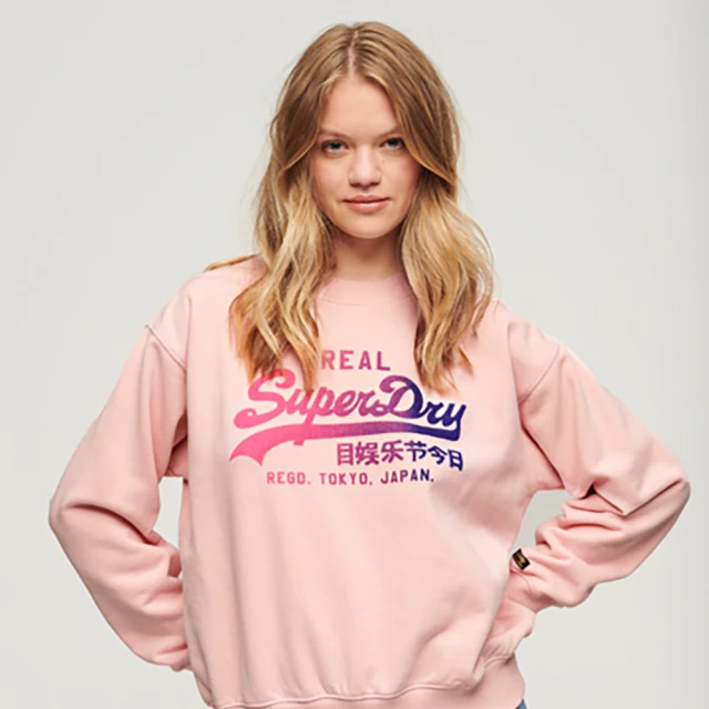 Superdry 女裝 長袖上衣 圓領套頭衫 大學T Tonal VL Graphic(粉紅)