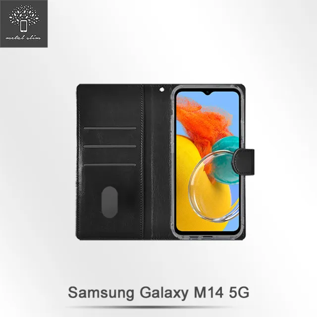 【Metal-Slim】Samsung Galaxy M14 5G 雙料撞色前扣磁吸內層卡夾皮套