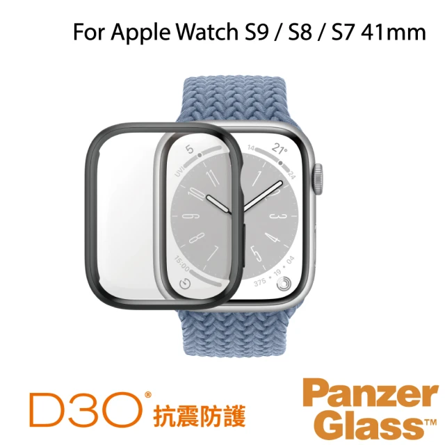 PanzerGlass Apple Watch S9 / S8 / S7 41mm全方位D3O抗震防護高透鋼化漾玻保護殼-黑(D3O奈米抗震防護)