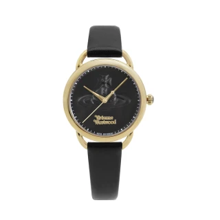 【Vivienne Westwood】金框 黑面 經典LOGO土星 浮雕錶盤設計 黑色皮革錶帶 女錶 手錶 母親節(VV163GDBLK)