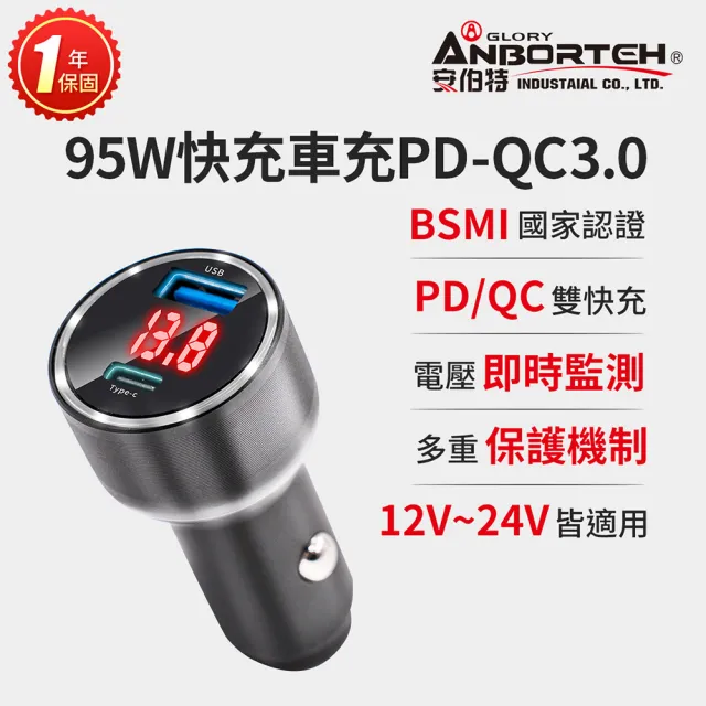 【ANBORTEH 安伯特】酷電大師 95W鋁合金快充車充PD+QC3.0 國家認證 一年保固-快