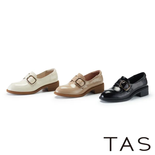 【TAS】牛漆皮皮釦樂福低跟鞋(米色)