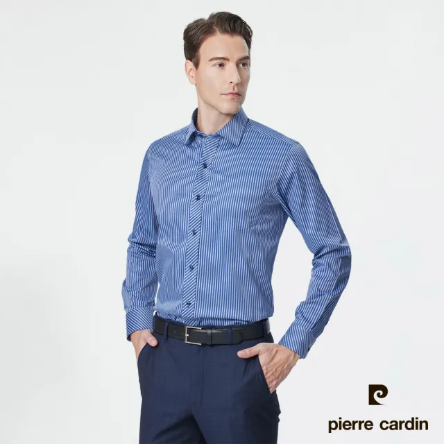 【pierre cardin 皮爾卡登】男襯衫 防皺易打理合身版商務休閒條紋長袖襯衫_藍條(82814-35)