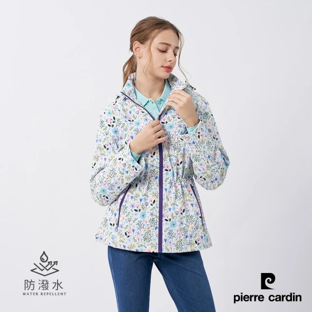 pierre cardin 皮爾卡登 女款 戶外防風防潑水可拆帽印花外套-白色(6235795-90)