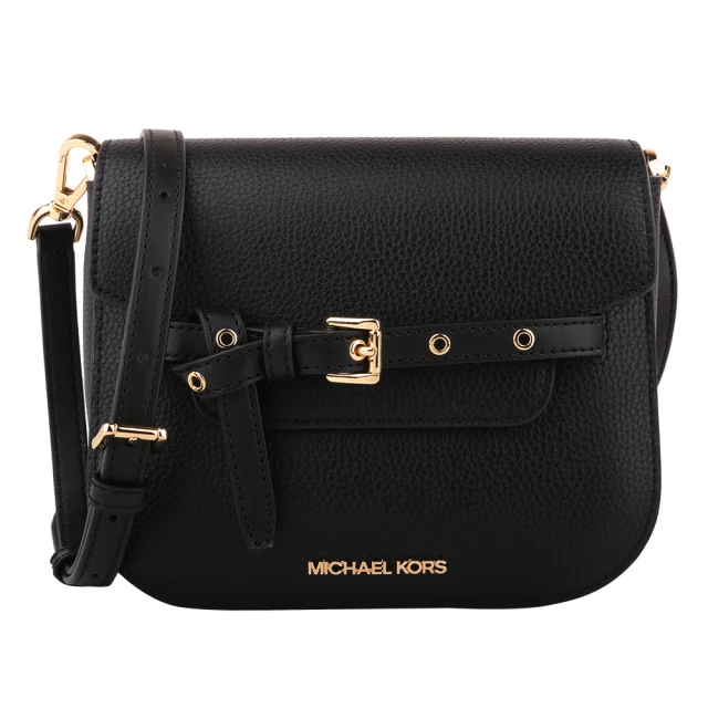 Michael Kors 金字綁帶荔枝紋皮革斜背馬鞍包(黑/小)