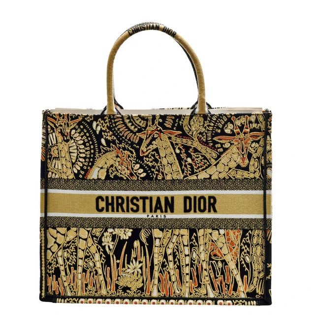 Dior 迪奧 經典BOOK TOTE系列非洲動物圖騰刺繡帆布手提托特包(大_黑黃色-展示品M1296ZTGT-BLK-YEL)