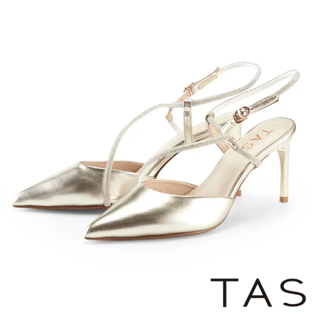 【TAS】優雅鑽條繞踝羊皮尖頭穆勒高跟鞋(金色)