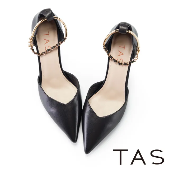 【TAS】金屬鏈子繞踝繫帶羊皮尖頭高跟鞋(黑色)