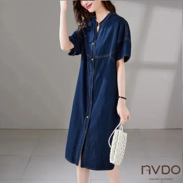 【NVDO】現貨 深藍主義開襟牛仔寬鬆連身裙(M-XL/牛仔裙/F075)