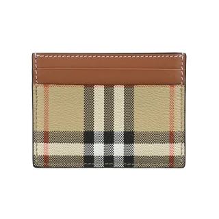 【BURBERRY 巴寶莉】Burberry Sandon內印金字LOGO帆布拼接小牛皮格紋設計4卡開口式卡夾(典藏米x棕)