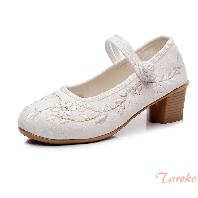 【Taroko】純色白花刺繡圓頭粗跟淑女鞋(2色可選)