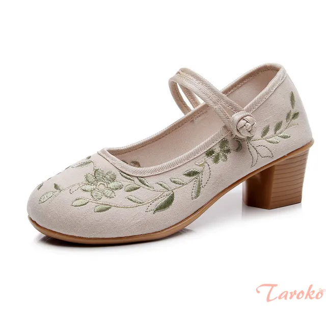 【Taroko】純色白花刺繡圓頭粗跟淑女鞋(2色可選)