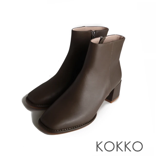 KOKKO 集團 質感時髦牛皮方頭粗跟短靴(墨綠色)優惠推薦
