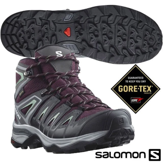 salomon 女 X Ultra Pioneer Mid GTX 防水透氣耐磨中筒登山鞋(471706 酒紅/灰/綠)