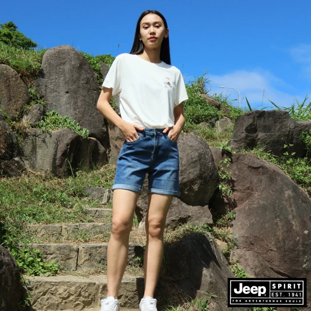 JEEP 女裝 舒適彈性刷色牛仔短褲(藍色)