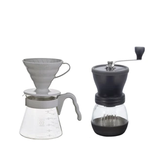 【HARIO】V60灰白色PP濾杯濾泡咖啡壺組+簡約手搖磨豆機套裝(VCSD-02PGR/MSCS-2DTB)