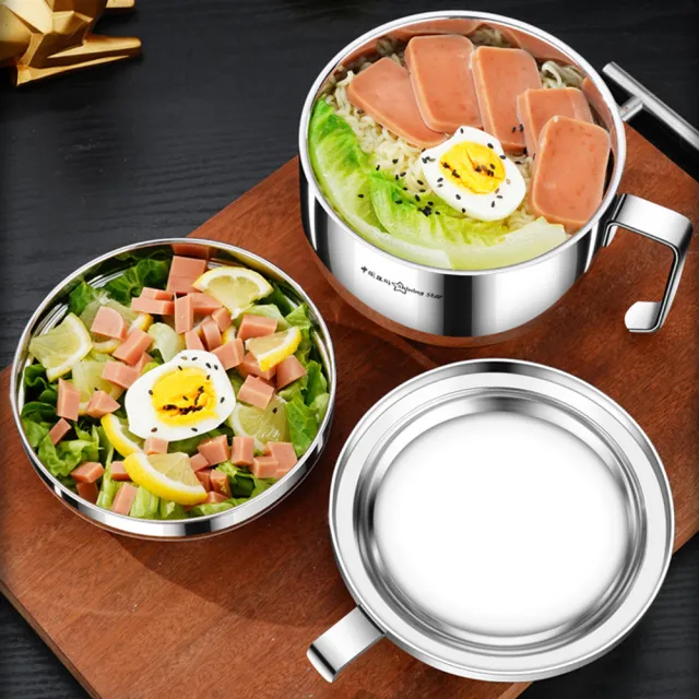 【PUSH!】餐具用品 304不鏽鋼雙層分格帶把帶蓋泡麵碗 速食麵碗 湯碗 大號飯碗 便當飯盒(泡面碗 E190)