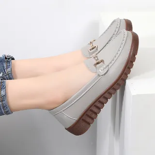 【LOVE FOOT 樂芙】真皮樂福鞋 圓頭樂福鞋/真皮百搭馬銜扣飾造型小圓頭休閒鞋 樂福鞋(灰)