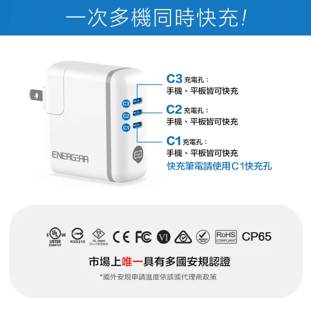 【ENERGEAR安杰爾】3孔Type-C Gan氮化鎵 100W PD快充器 旅行多國轉接頭組