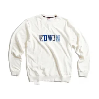 【EDWIN】男裝 CORE再生系列 環保丹寧拼接LOGO休閒厚長袖T恤(米白色)