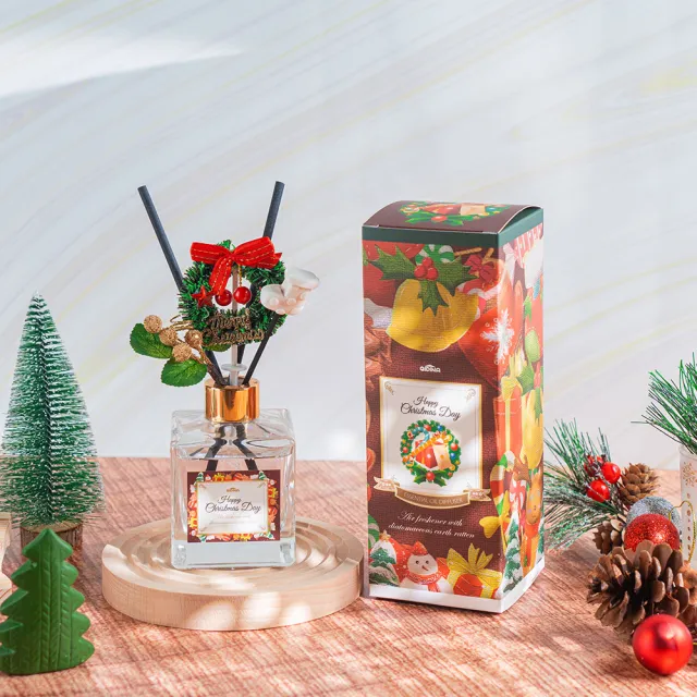 【QIDINA】聖誕花圈氣派硅藻土香氛擴香瓶+補充瓶500ML(伴手禮 招財 招財擺飾 招財貓 送禮 禮物 新年禮盒)