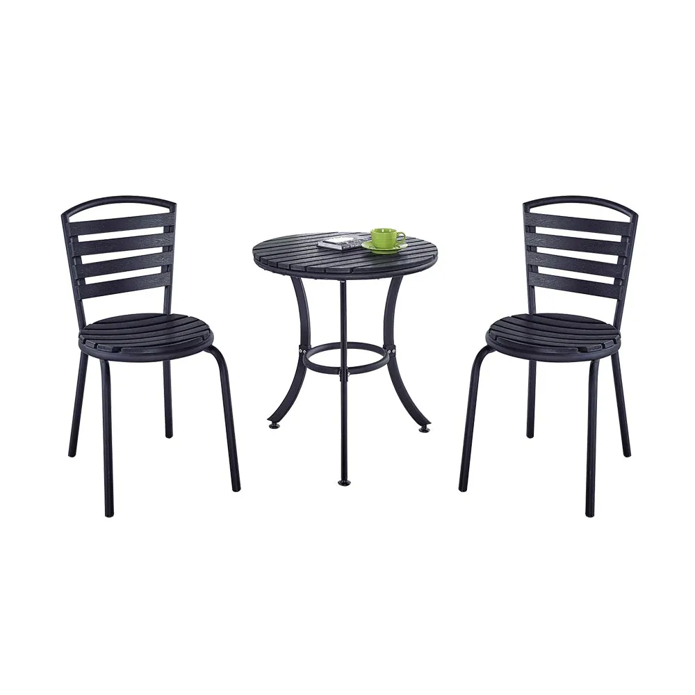 【柏蒂家居】雷德2尺黑色塑木圓型休閒桌椅組/陽台戶外庭院桌椅-一桌二椅