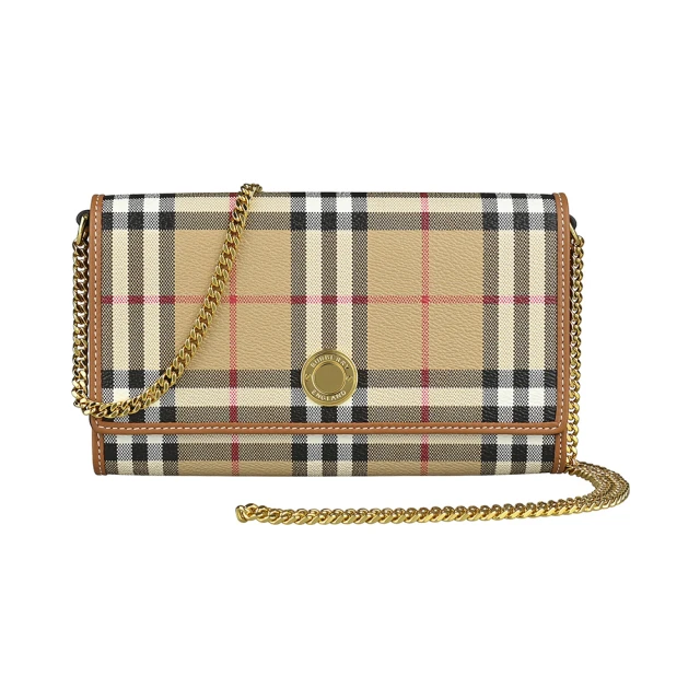 BURBERRY 巴寶莉 BURBERRY Hannah金釦LOGO格紋PVC金鏈條壓釦式斜背長夾(米格紋x棕)