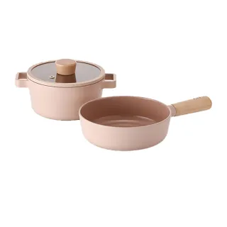 【NEOFLAM】FIKA 蜜桃粉 陶瓷塗層鍋具2件組 16cm雙耳湯鍋+18cm單柄鍋(贈 韓國Woody Pink隔熱墊乙組)