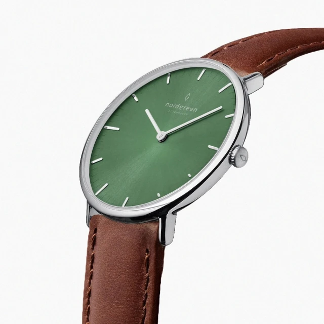 Nordgreen ND手錶 Native 本真 40mm 月光銀殼×橄欖綠面 復古棕真皮錶帶(NR40SILEBROG)