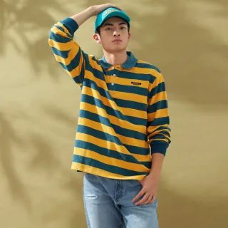 【JEEP】男裝 美式跳色條紋長袖POLO衫(黃綠色)