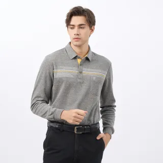 【pierre cardin 皮爾卡登】休閒服飾 男款 棉質混紡大定位條厚長袖POLO衫-灰色(5235273-95)
