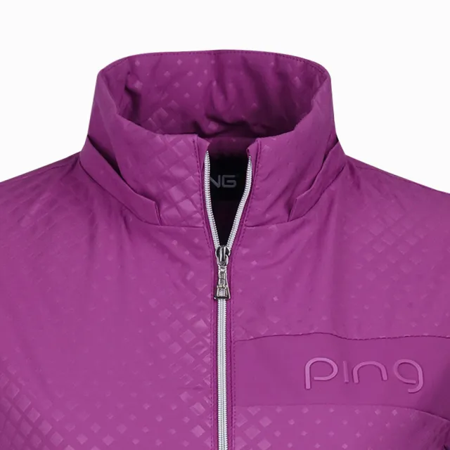 【PING】女款方格模印防風防潑水可拆帽鋪棉外套-深紫(GOLF/高爾夫/RC23225-68)