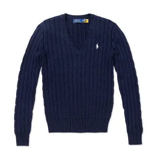 【RALPH LAUREN】RL POLO 經典V領刺繡小馬麻花針織毛衣 上衣-女-深藍色(平輸品/)