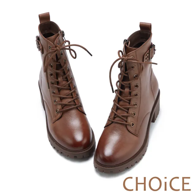【CHOiCE】率性皮帶釦環真皮綁帶短靴(棕色)