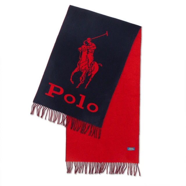 RALPH LAUREN RL POLO 經典羊毛刺繡大馬雙面針織圍巾-黑紅色(義大利製/精選舒適/平輸品)