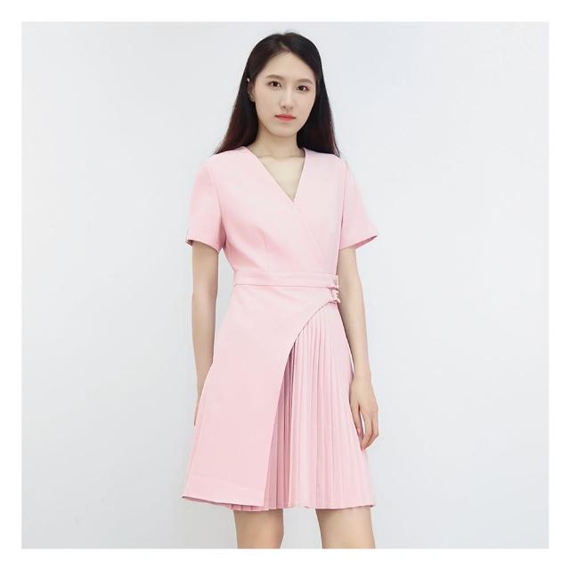 【JESSICA】出清品 優雅甜美V領收腰百褶裙擺雪紡洋裝J30446（粉）