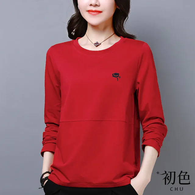 【初色】簡約純色圓領拼接帽子刺繡長袖T恤上衣女上衣-共5色-32228(M-2XL可選)