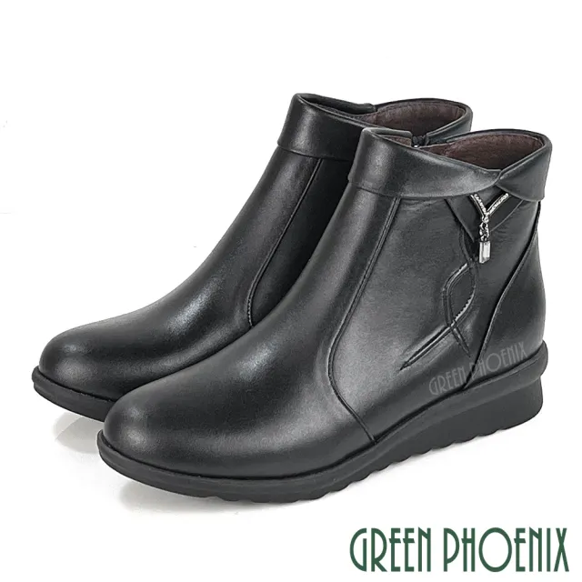 【GREEN PHOENIX 波兒德】女靴 短靴 馬靴 全真皮 小坡跟 水鑽 翻領 台灣製(咖啡、黑色)