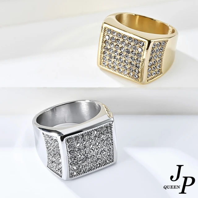 JpqueenJpqueen 方晶滿鑽華麗中性嘻哈鈦鋼戒指(2色戒圍可選)
