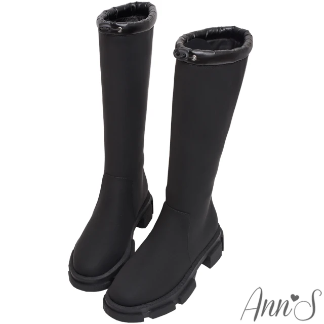 Ann’SAnn’S 防潑水材質-澎澎抽繩顯瘦超輕量厚底及膝長靴4.5cm(黑)